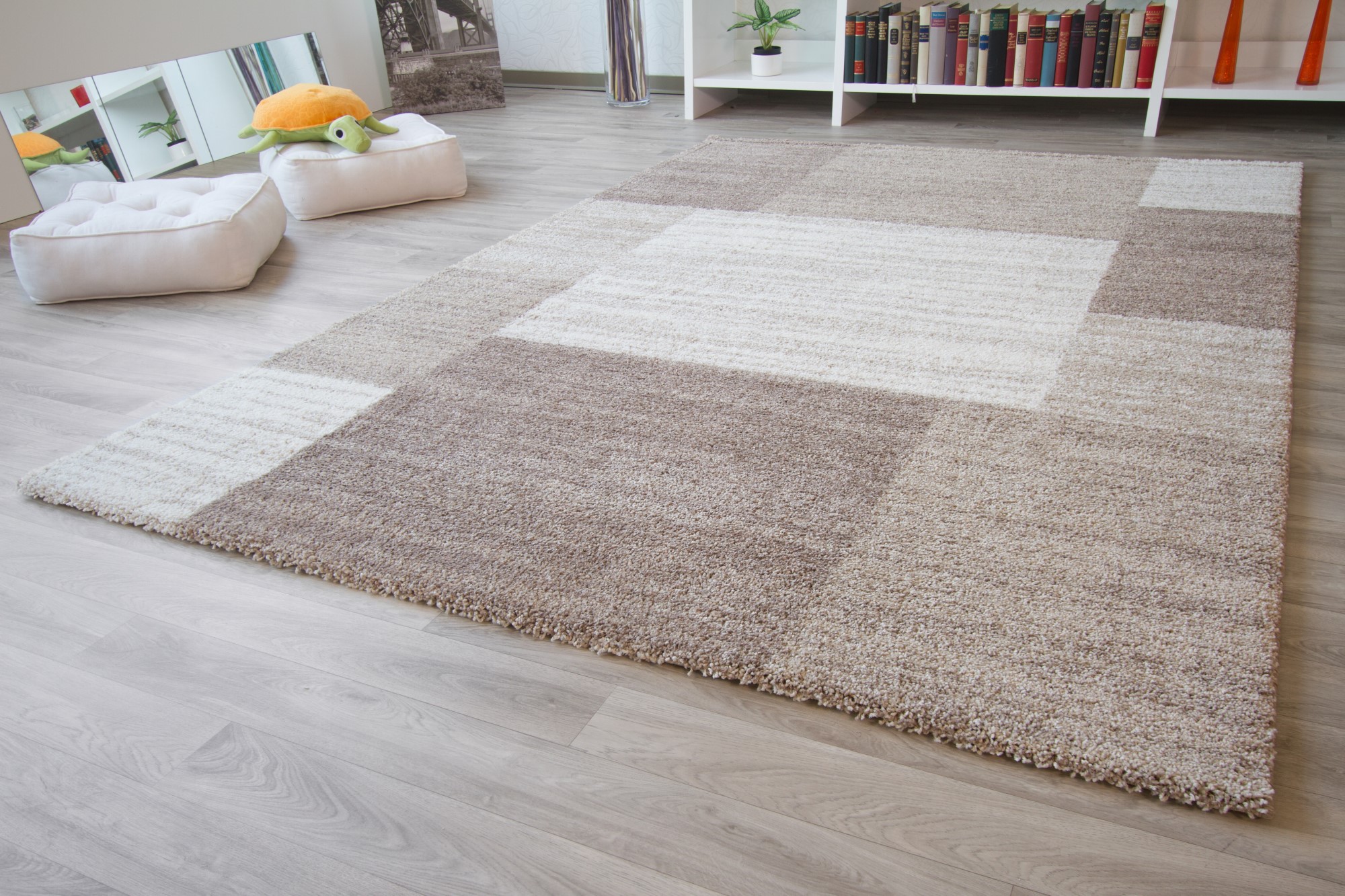 Kurzflor Teppich Nancy - Felder Beige braun 80x150 cm