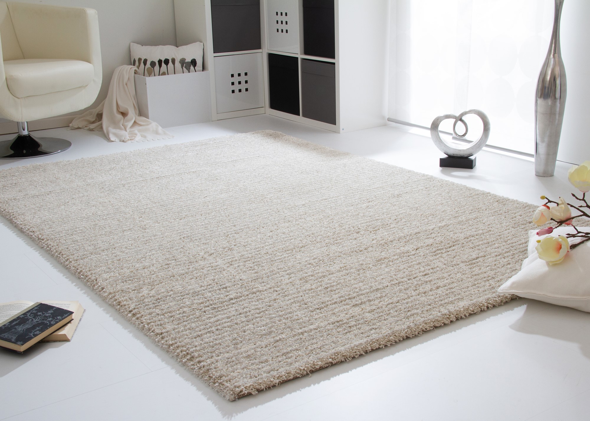Tapis Satin lignes pour salon et chambre à coucher en Gris Crème Argent Anthracite